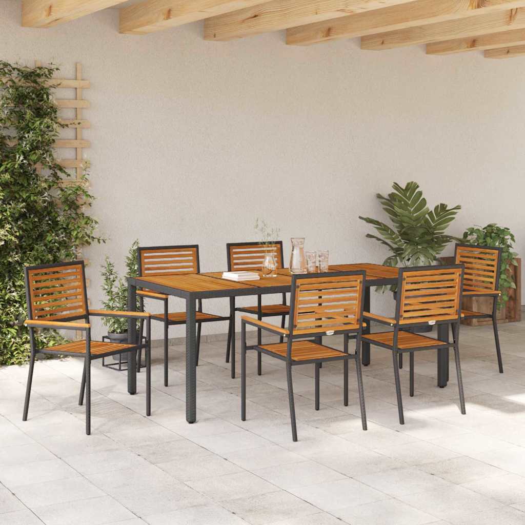 7 Delt Hage Spisebordsett Svart Poly Rattan Akasie