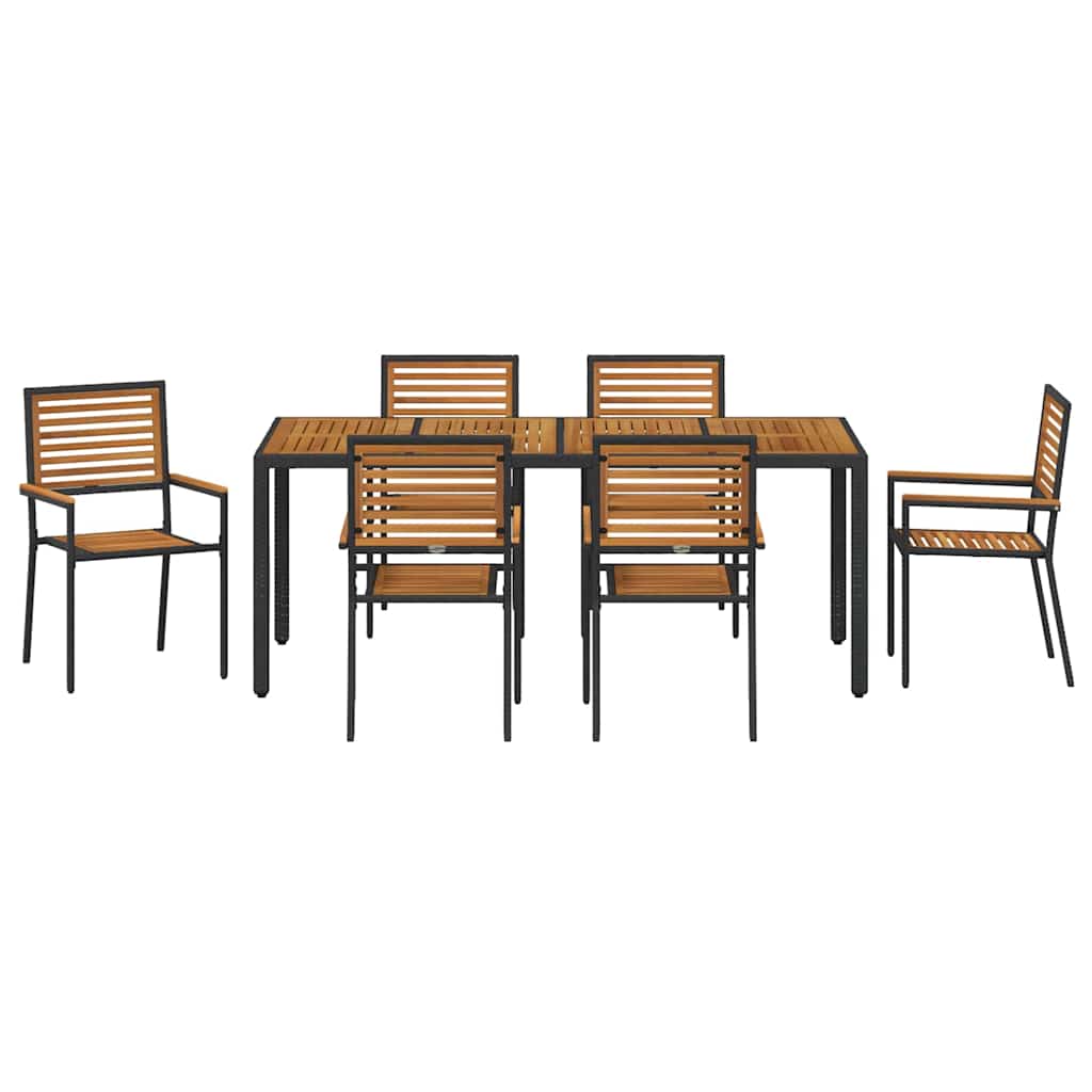 7 Delt Hage Spisebordsett Svart Poly Rattan Akasie