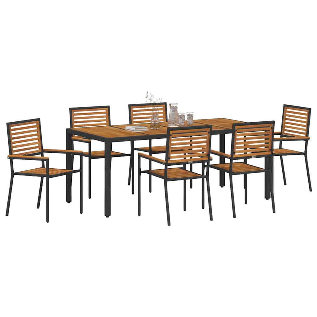 7 Delt Hage Spisebordsett Svart Poly Rattan Akasie
