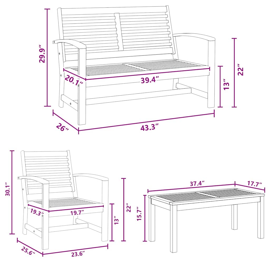 Hagesofa Set 4 pcs Naturlig Heltre teak