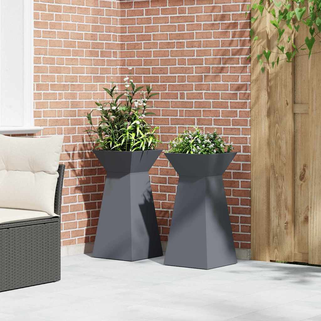 Hage søyle plantekrukker, 2 stk med skål, antrasitt 35x35x73 cm, stål.