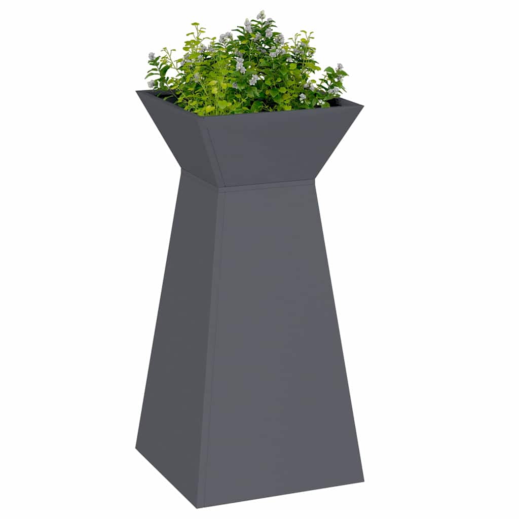 Hage søyle plantekrukker, 2 stk med skål, antrasitt 35x35x73 cm, stål.