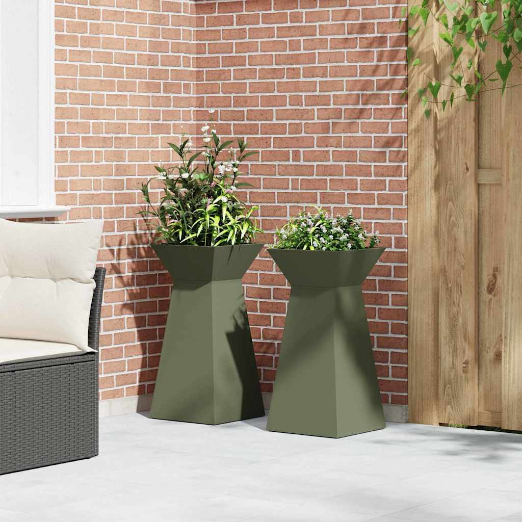Hagepilar Plantepotter 2 stk med Bolle i Olivengrønn, 35x35x73 cm, Stål.