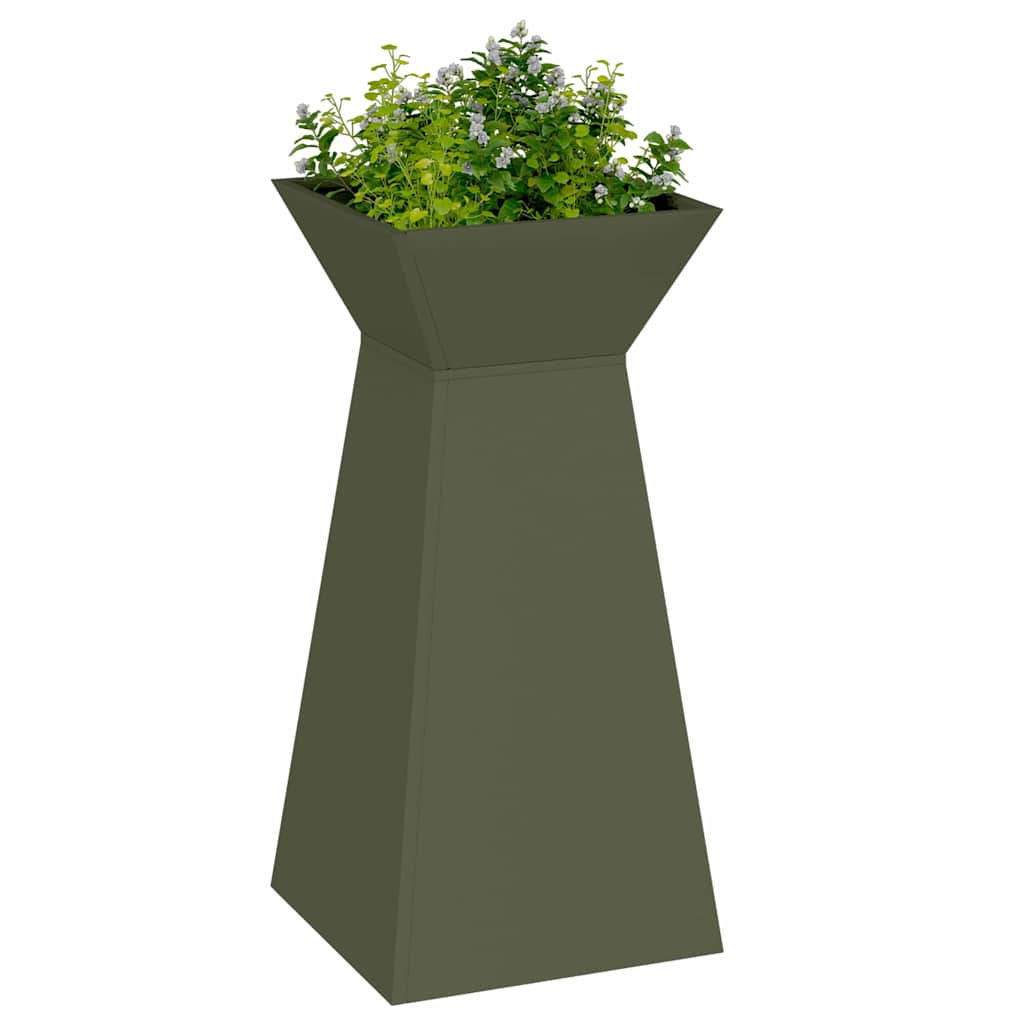 Hagepilar Plantepotter 2 stk med Bolle i Olivengrønn, 35x35x73 cm, Stål.