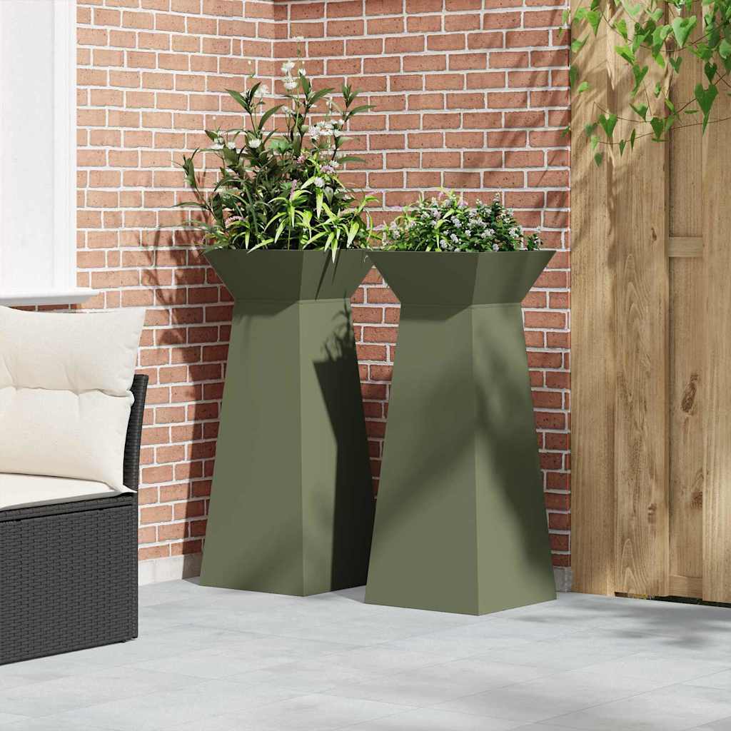 Hagepilarplantere 2 stk med skål olivengrønn 40x40x100 cm i stål.