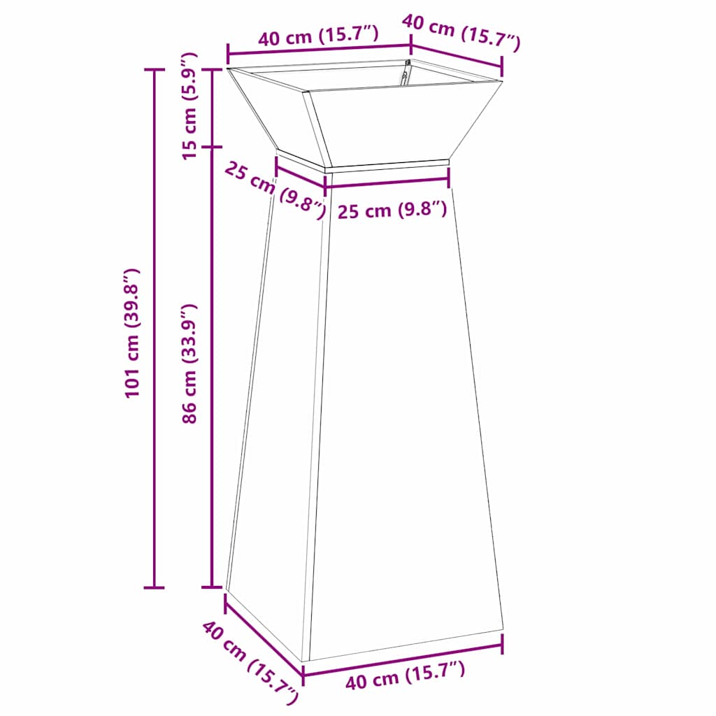 Hagepilar planter med bolle 40x40x100 cm i galvanisert stål