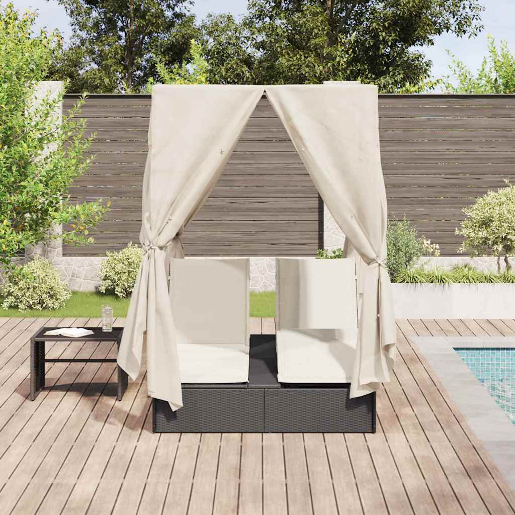 Dobbel solseng med tak og gardiner Svart 203 x 128 x 202 cm