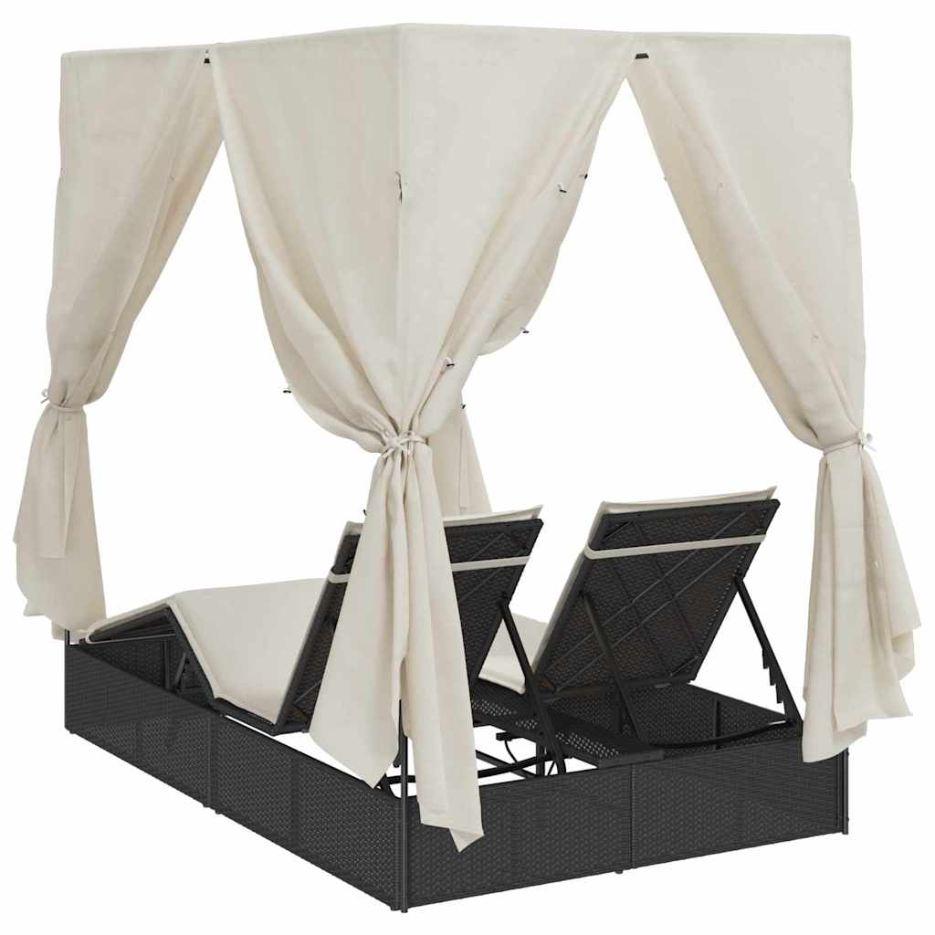 Dobbel solseng med tak og gardiner Svart 203 x 128 x 202 cm