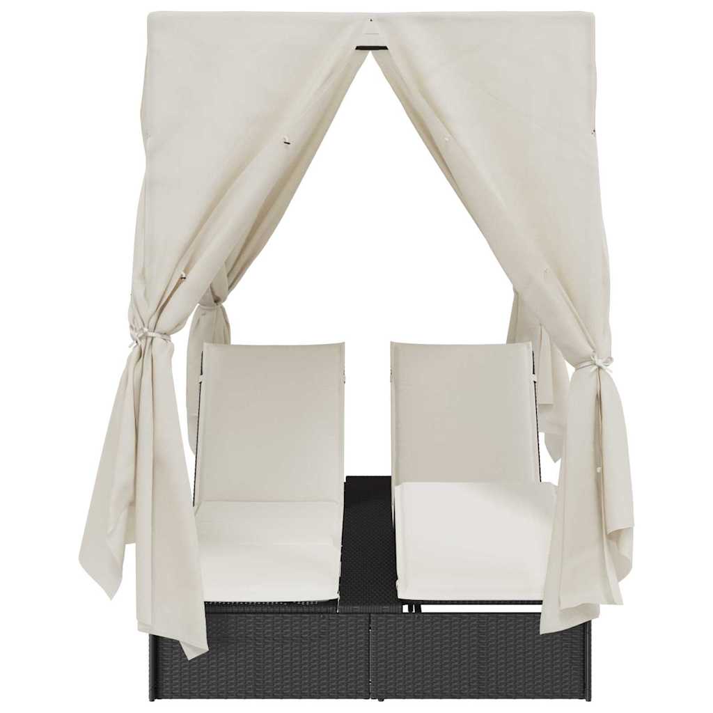 Dobbel solseng med tak og gardiner Svart 203 x 128 x 202 cm