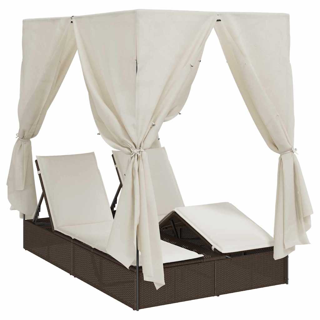 Dobbel solseng med tak og gardiner Brun 203 x 128 x 202 cm