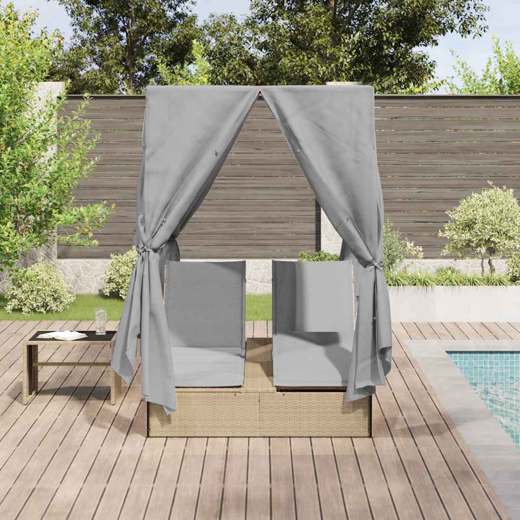 Dobbel Solseng med gardiner Justerbar Beige Standard for utendørs dagbed