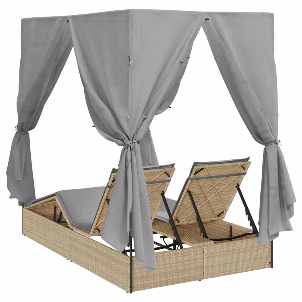 Dobbel Solseng med gardiner Justerbar Beige Standard for utendørs dagbed