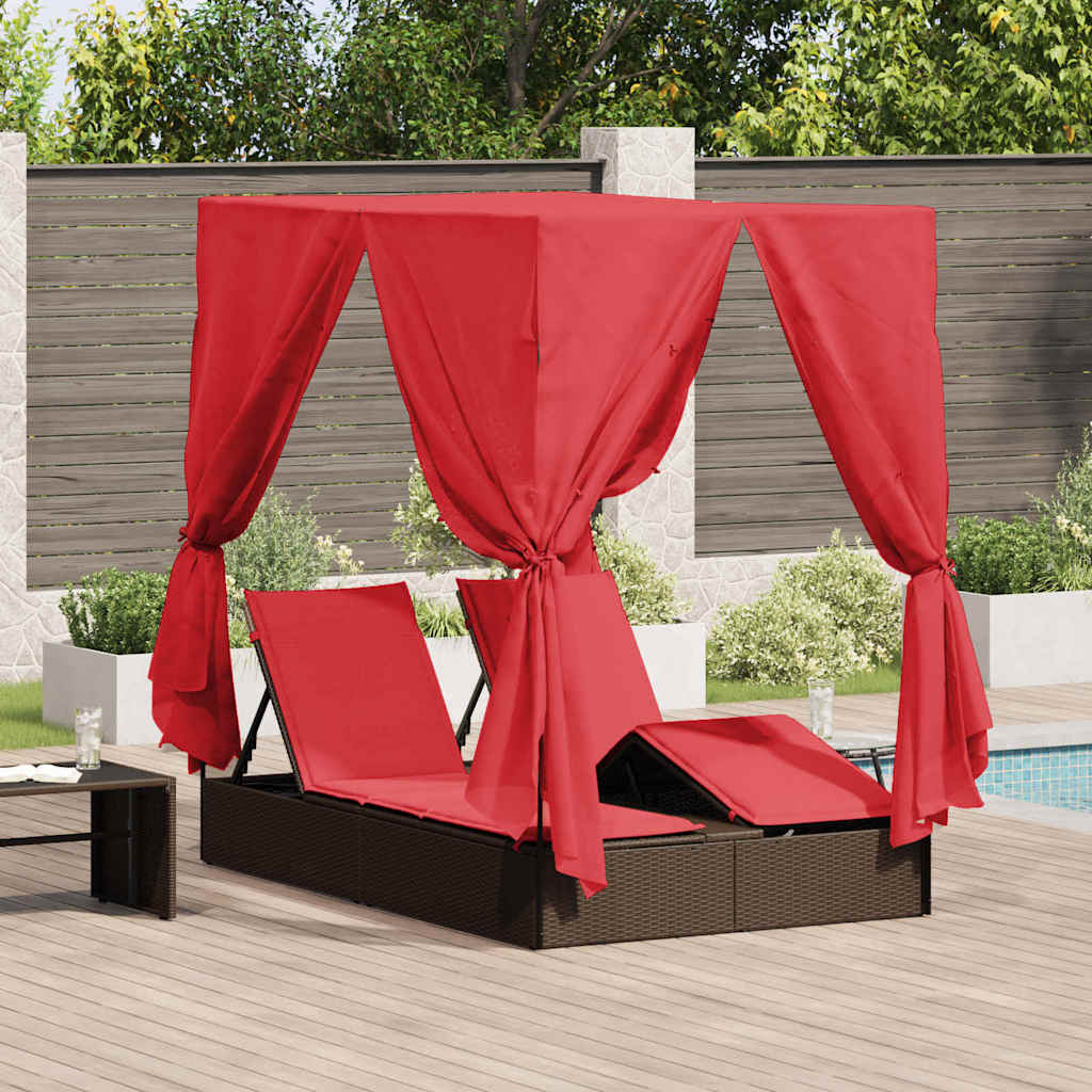Dobbel solstol med gardiner Justerbar Brun Stor Rattan og Polyester