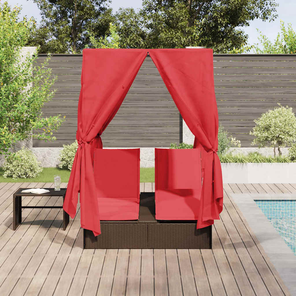 Dobbel solstol med gardiner Justerbar Brun Stor Rattan og Polyester