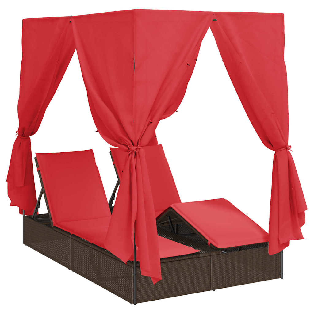 Dobbel solstol med gardiner Justerbar Brun Stor Rattan og Polyester