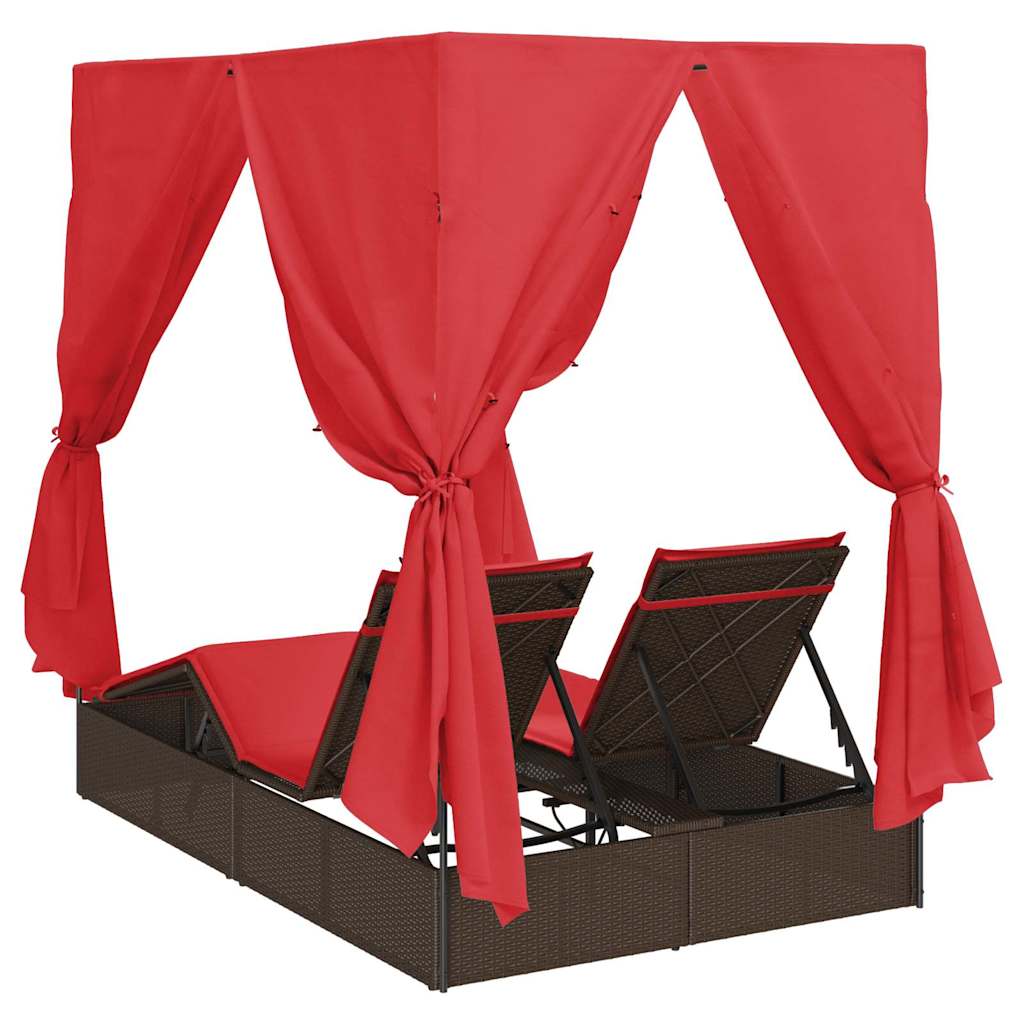 Dobbel solstol med gardiner Justerbar Brun Stor Rattan og Polyester