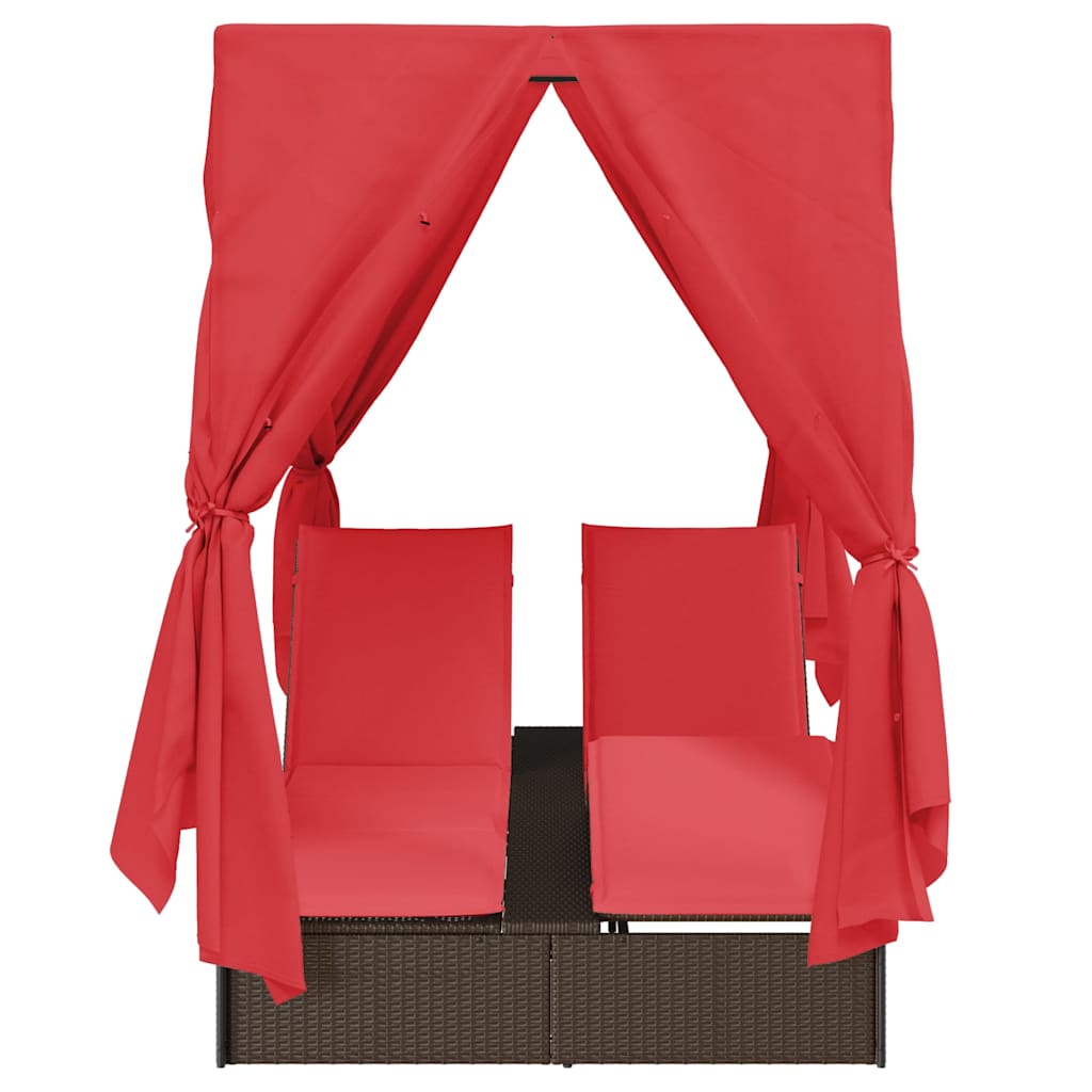 Dobbel solstol med gardiner Justerbar Brun Stor Rattan og Polyester