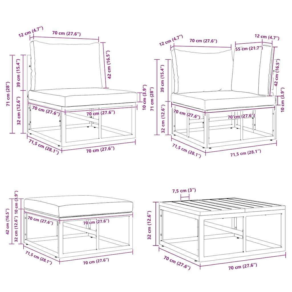 Hagesofa Set med pute 7 pcs Svart Aluminium