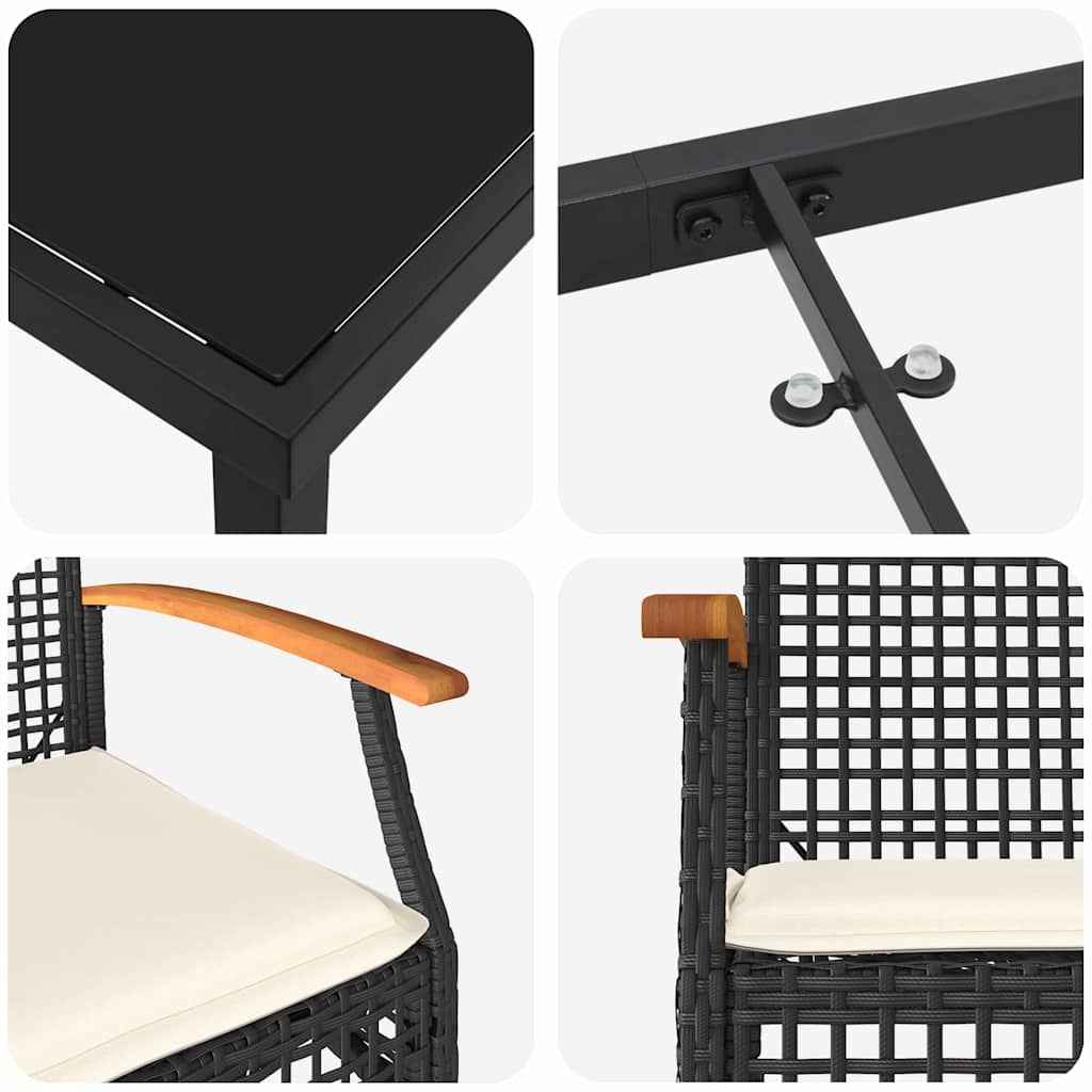 3-delt hage spise sett med puter, svart poly-rattan