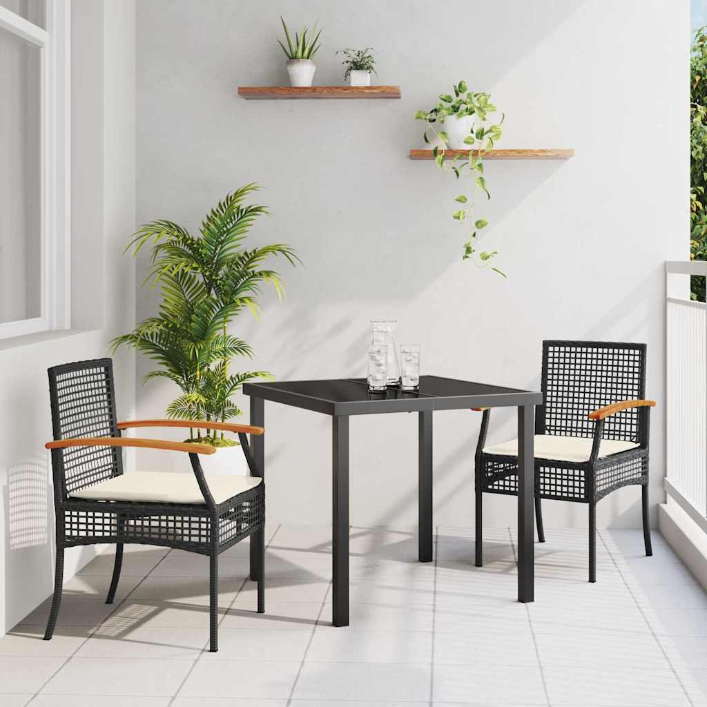 3-delt hage spise sett med puter, svart poly-rattan