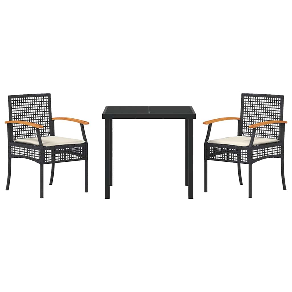 3-delt hage spise sett med puter, svart poly-rattan