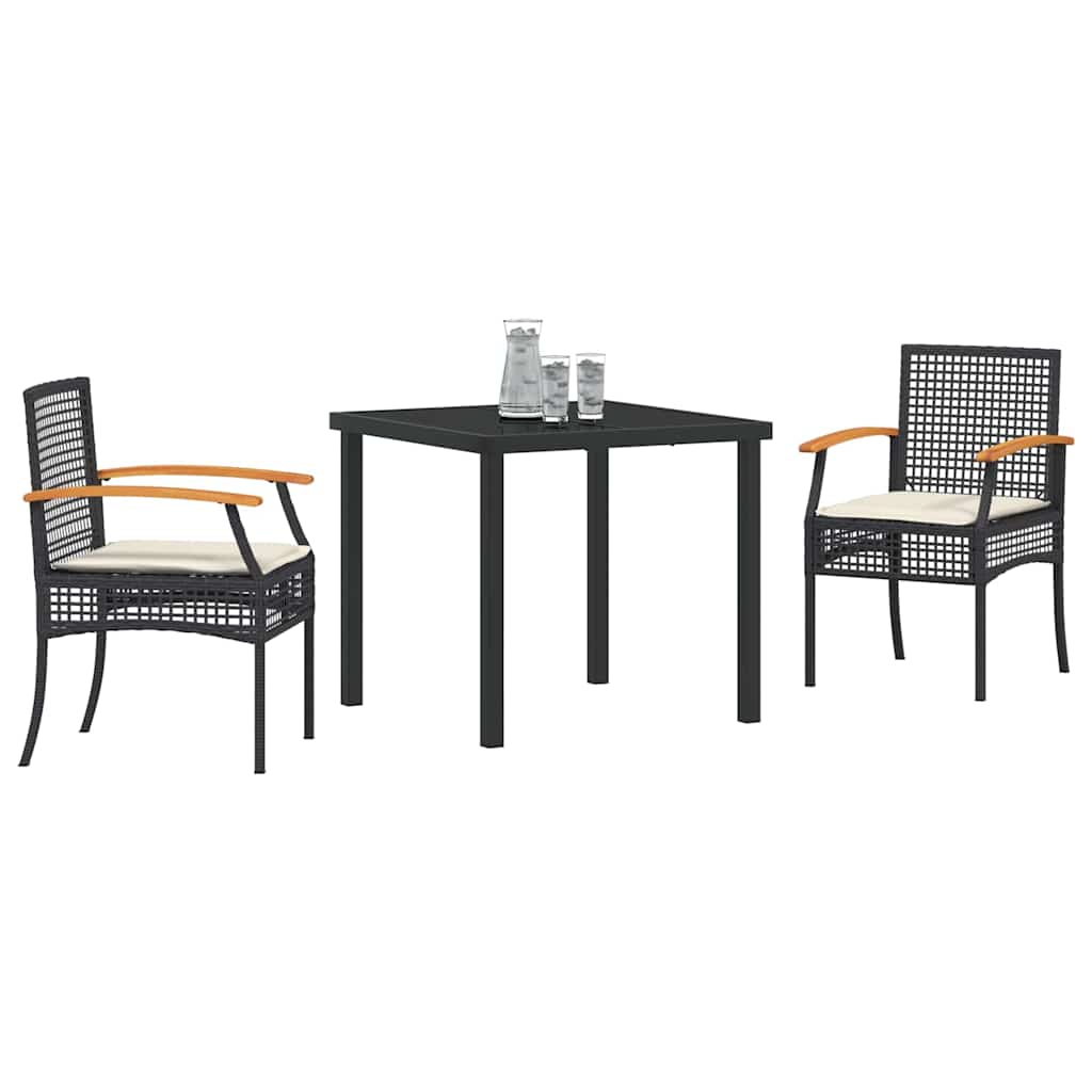 3-delt hage spise sett med puter, svart poly-rattan