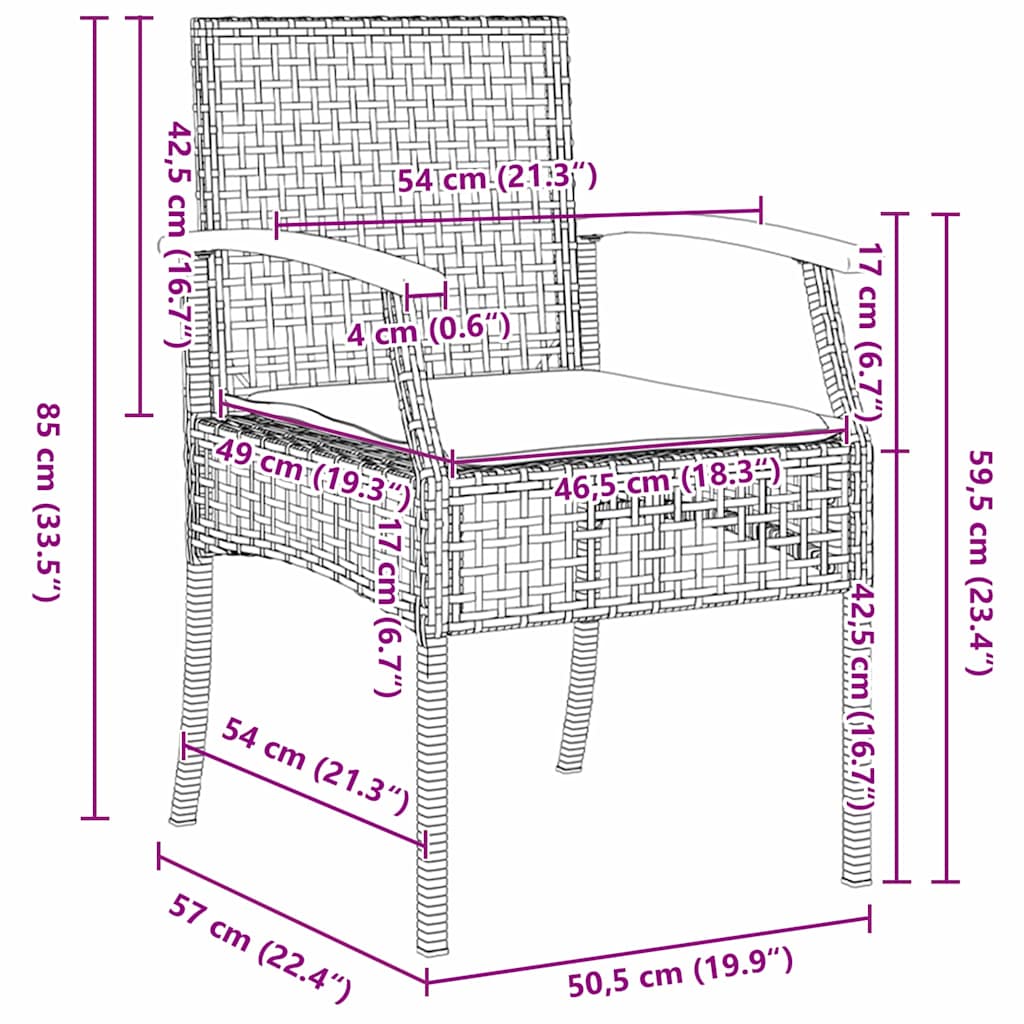 3-delt hage spise sett med puter, svart poly-rattan
