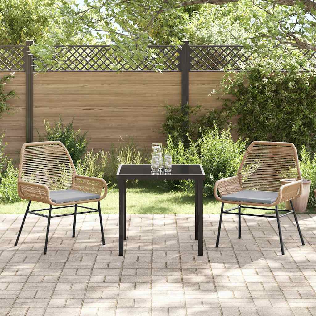 3-delt hage spisebordsett med puter, brun poly-rattan.