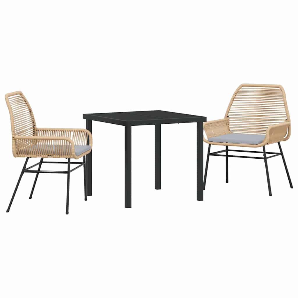3-delt hage spisebordsett med puter, brun poly-rattan.