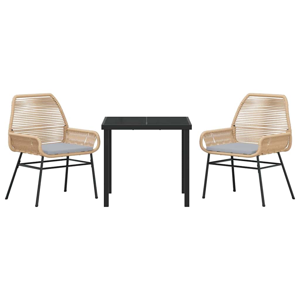 3-delt hage spisebordsett med puter, brun poly-rattan.