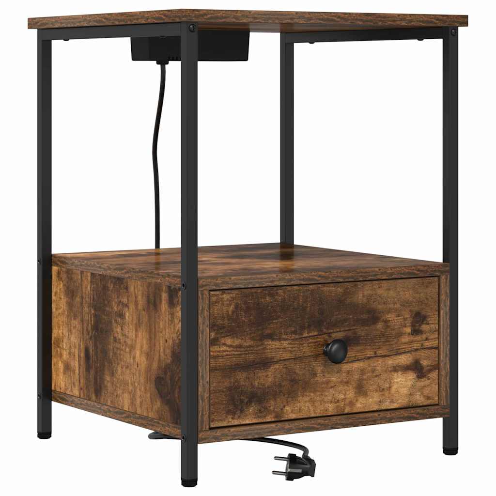 Nattbord med ladestasjon med skuff Røkt eik Konstruert tre