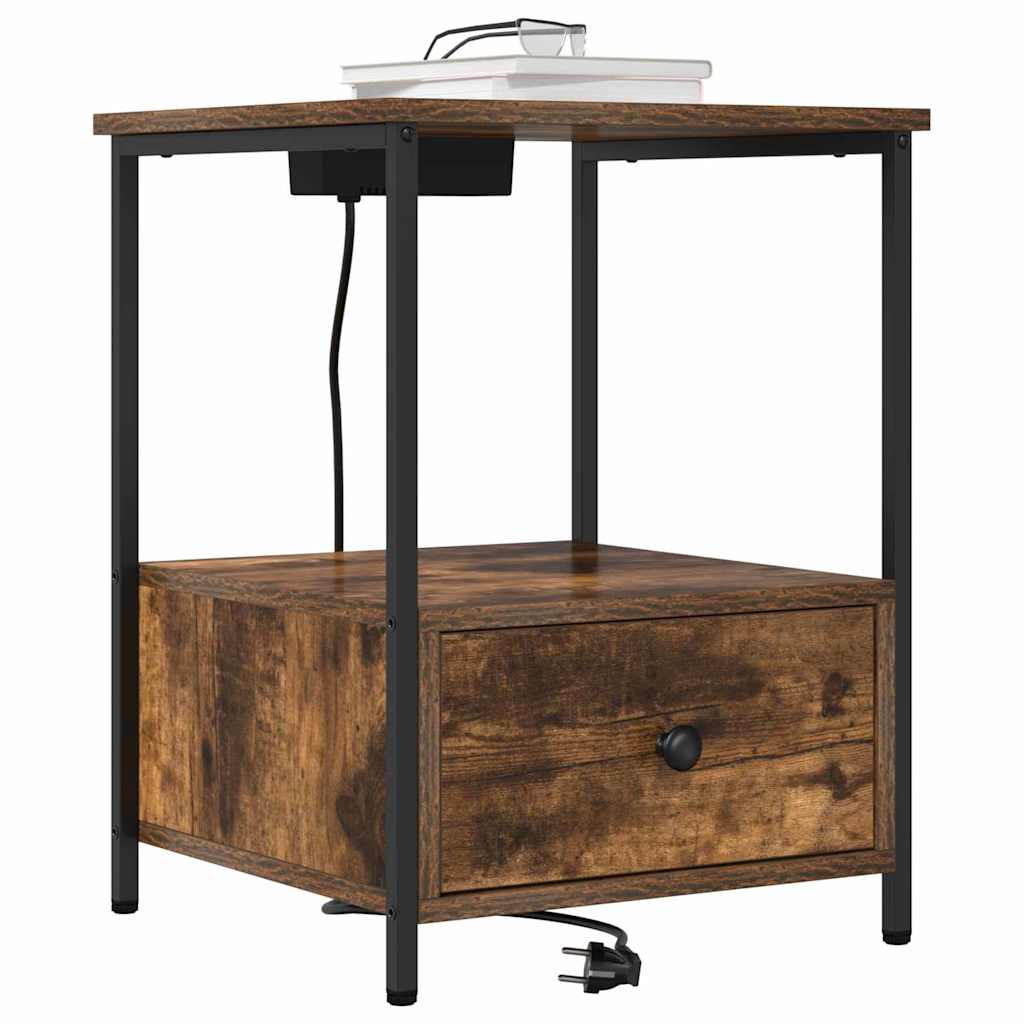 Nattbord med ladestasjon med skuff Røkt eik Konstruert tre