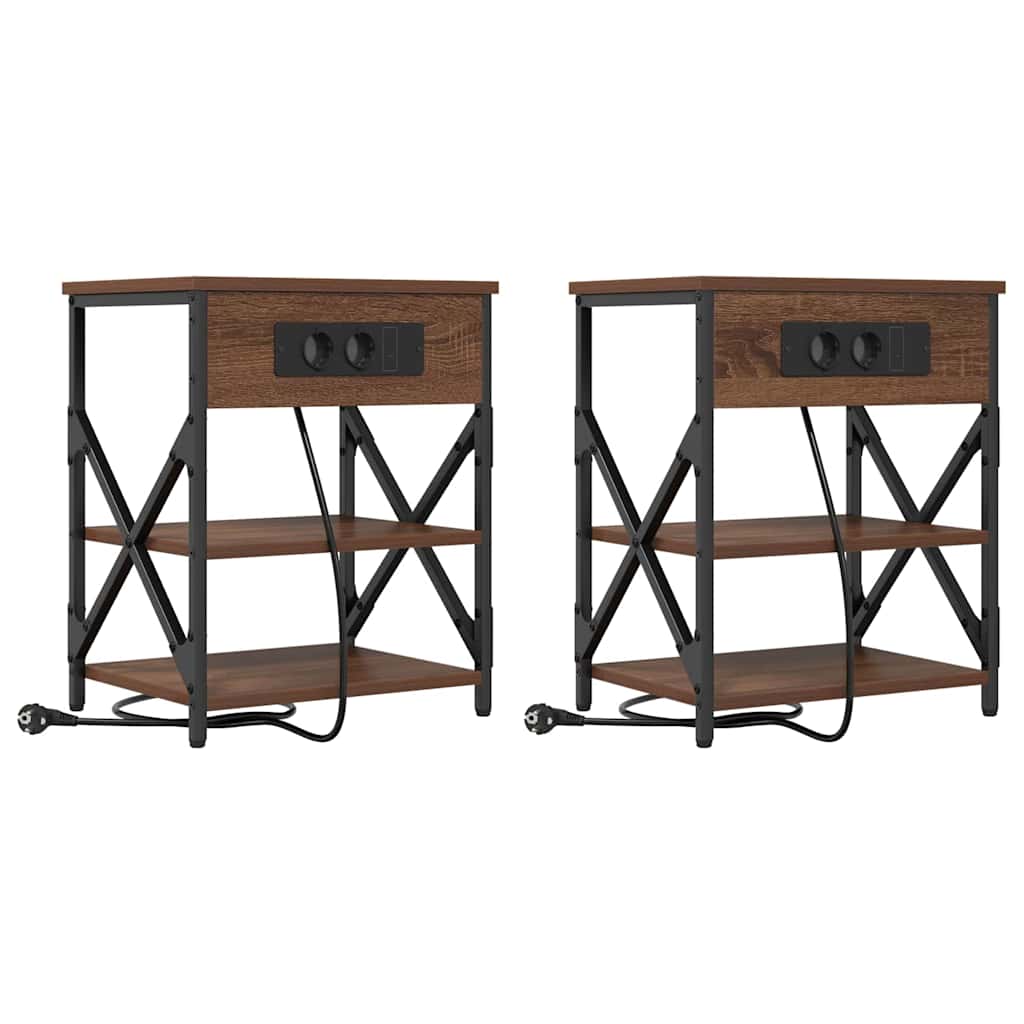 Nattbord med ladestasjon med hylle brun eik Konstruert tre