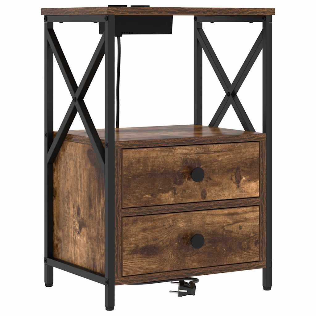 Nattbord med ladestasjon med skuff Røkt eik Konstruert tre