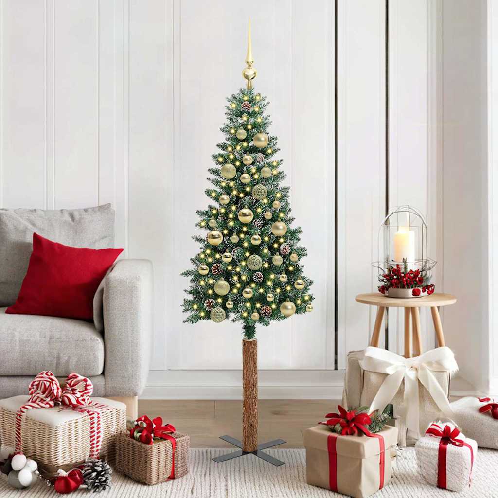 Slim juletre Grønn og hvit 150 cm PVC og Massivt Furu tre