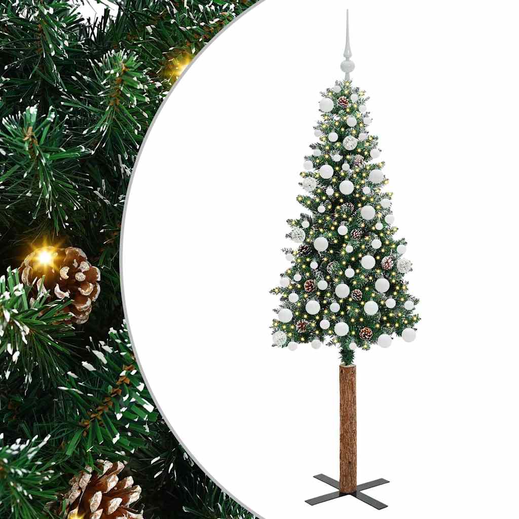 Slim juletre Grønn og hvit 180 cm PVC og Massivt Furu tre