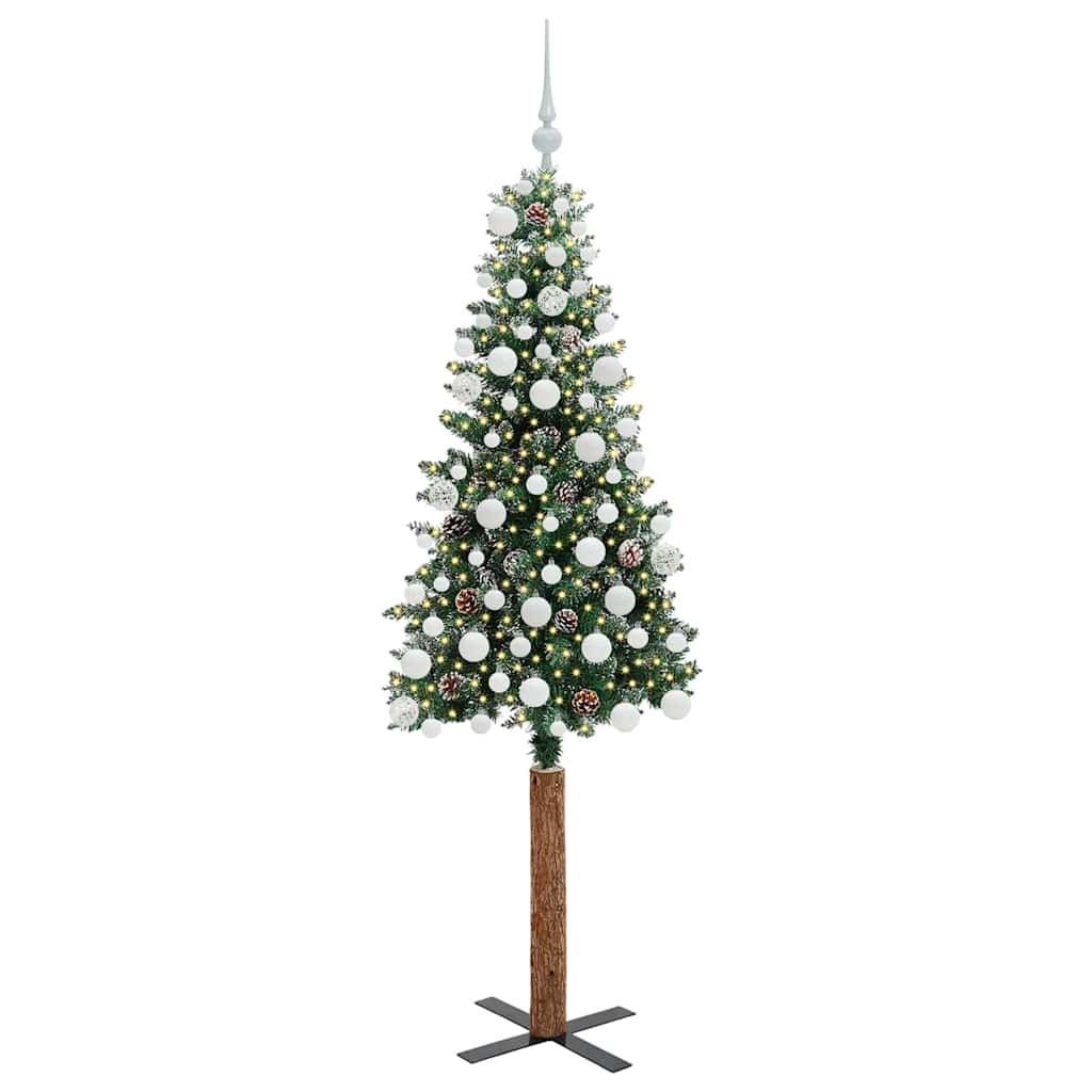 Slim juletre Grønn og hvit 180 cm PVC og Massivt Furu tre