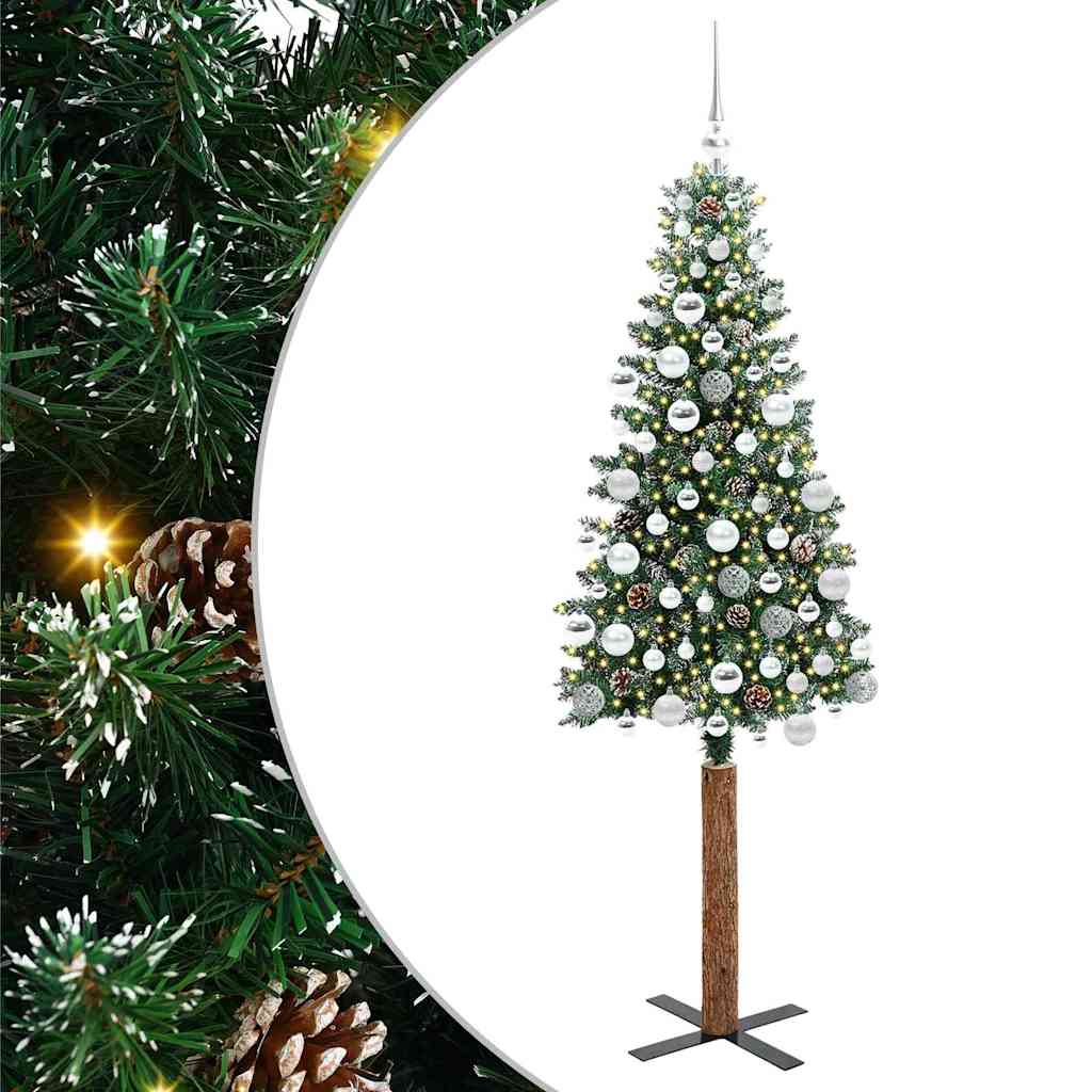 Slim juletre Grønn og hvit 180 cm PVC og Massivt Furu tre