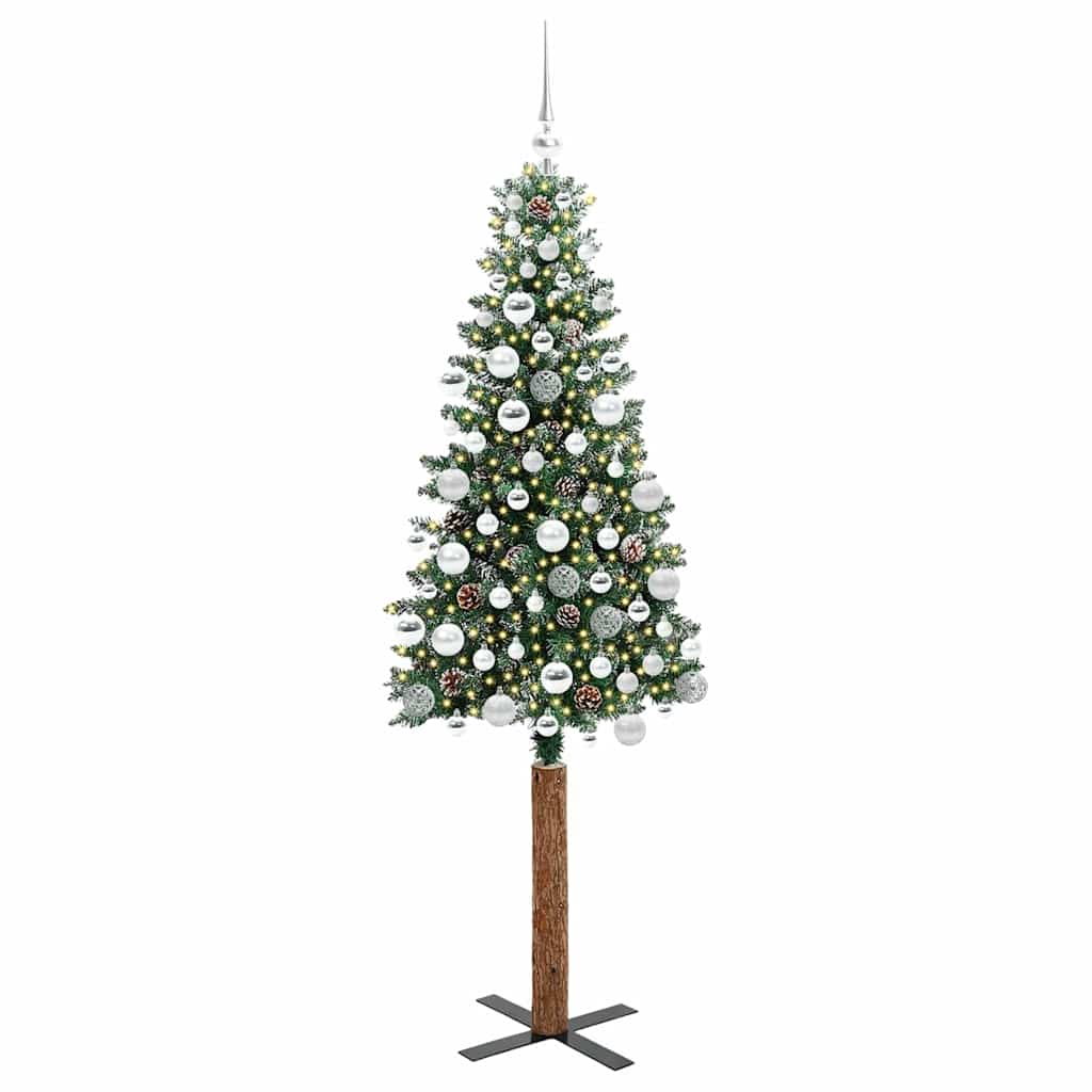 Slim juletre Grønn og hvit 180 cm PVC og Massivt Furu tre