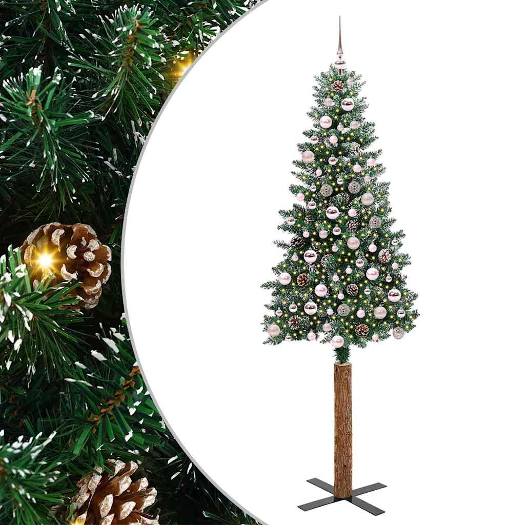 Slim juletre Grønn og hvit 210 cm PVC og Massivt Furu tre