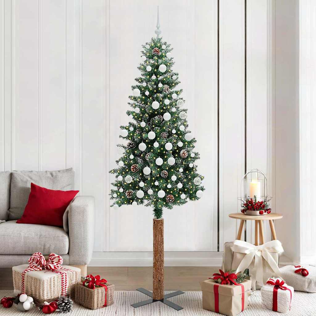 Slim juletre Grønn og hvit 210 cm PVC og Massivt Furu tre