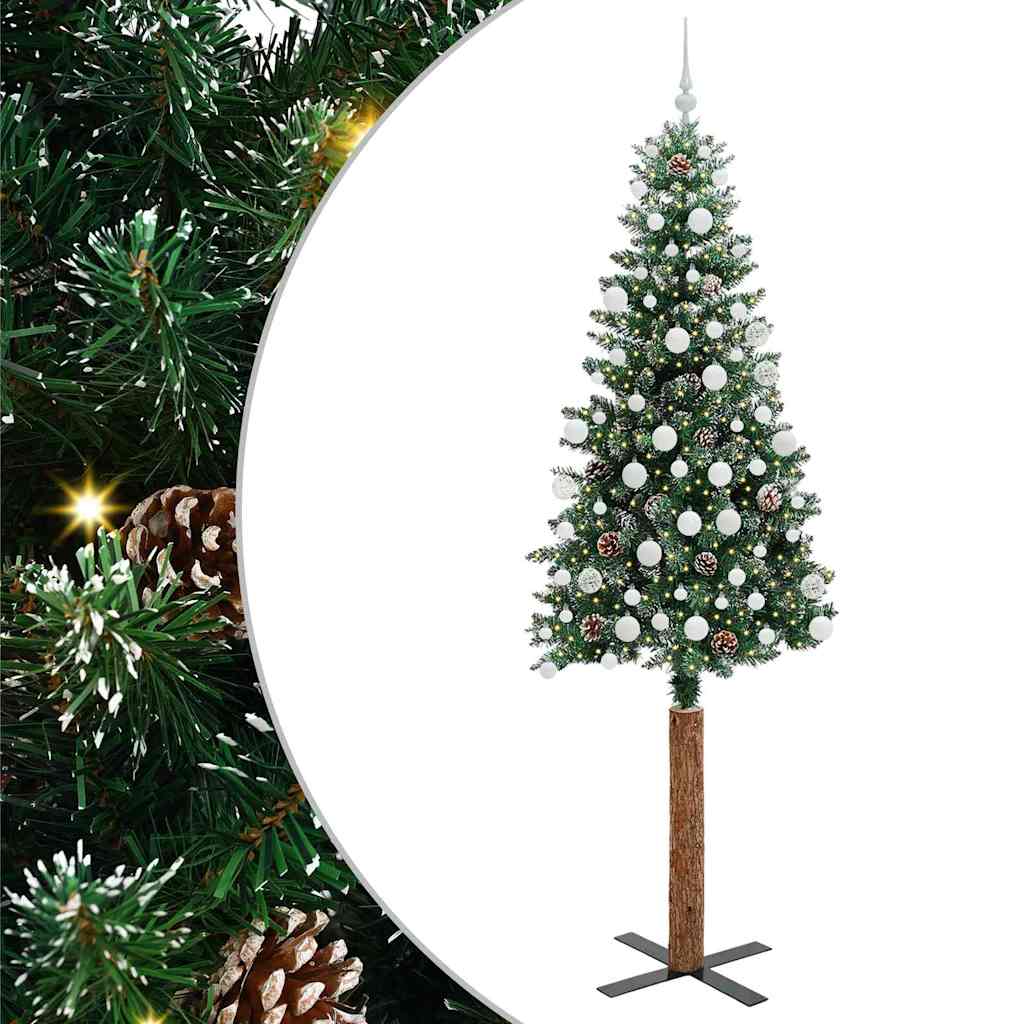 Slim juletre Grønn og hvit 210 cm PVC og Massivt Furu tre
