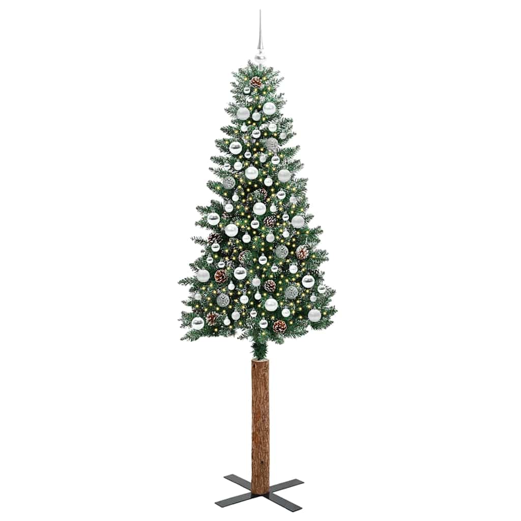 Slim juletre Grønn og hvit 210 cm PVC og Massivt Furu tre