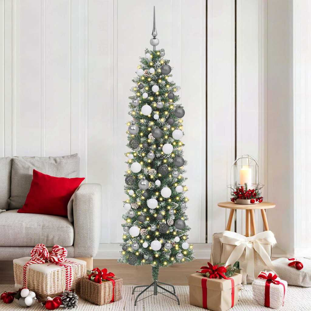 Kunstig Slankt Jule Tre med LED -stripelys grønn 180 cm PVC
