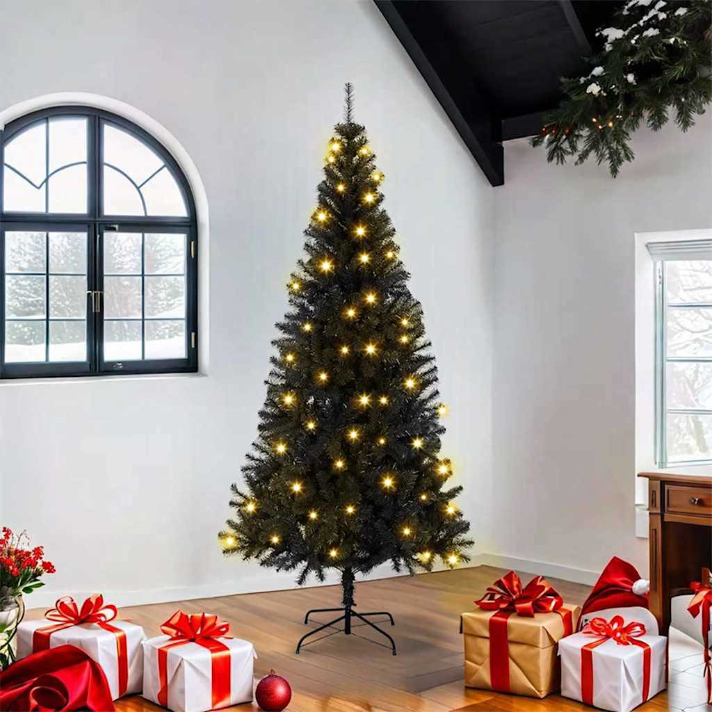 Kunstig juletre med LED -stripelys Svart 180 cm PVC