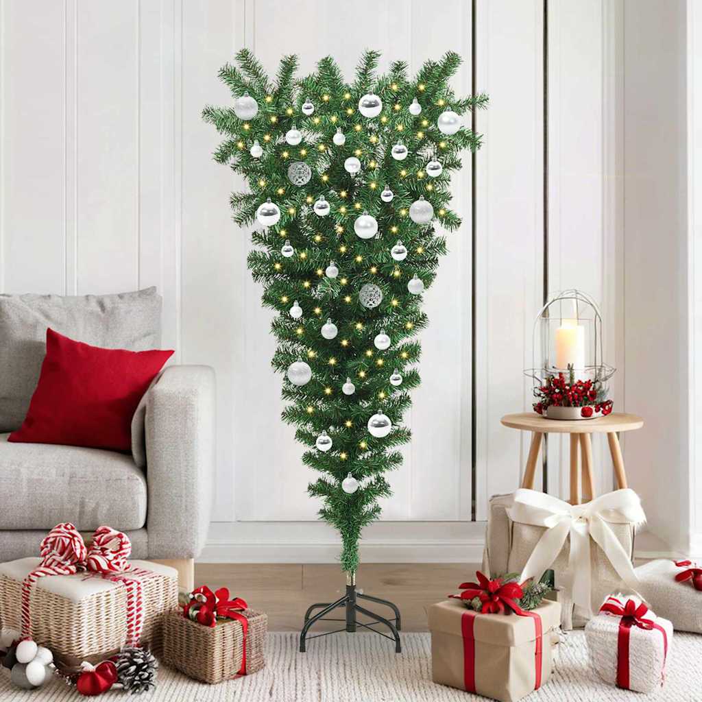Omvendt kunstig forbelyst juletre med kule sett grønn 150 cm