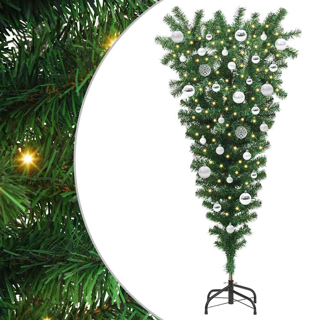 Omvendt kunstig forbelyst juletre med kule sett grønn 150 cm