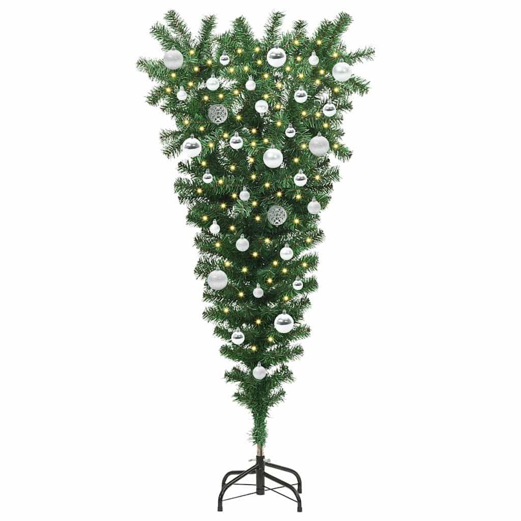 Omvendt kunstig forbelyst juletre med kule sett grønn 150 cm