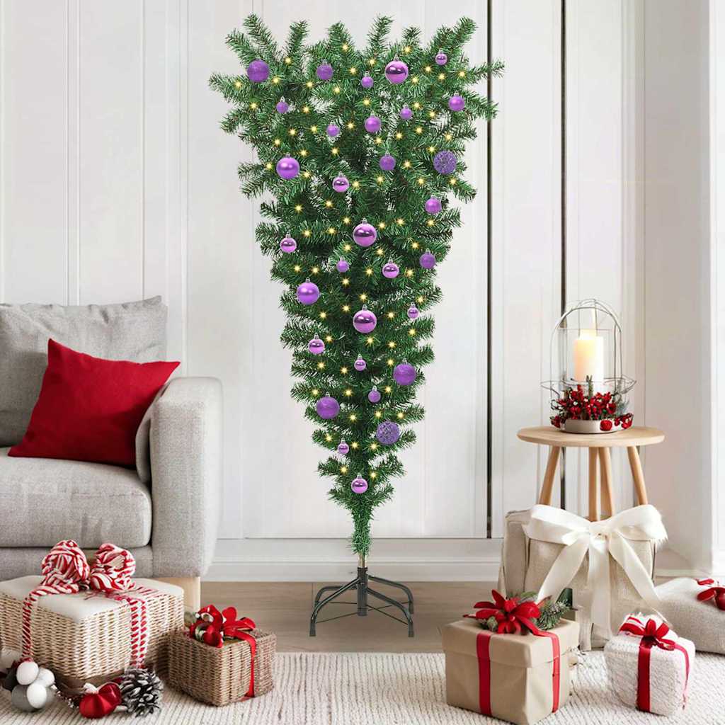 Opp ned Künstig forberedt juletre med ballsett grønn 150 cm PVC