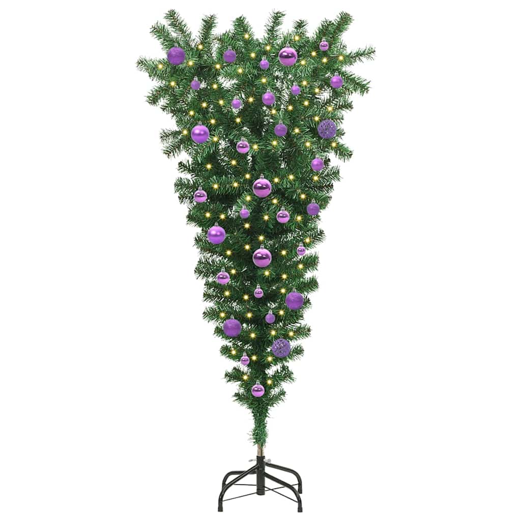 Opp ned Künstig forberedt juletre med ballsett grønn 150 cm PVC